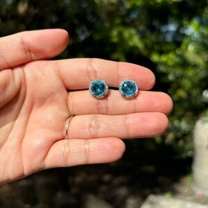 18K White Gold Plated Stainless Steel Light Blue Diamond Stud Earrings